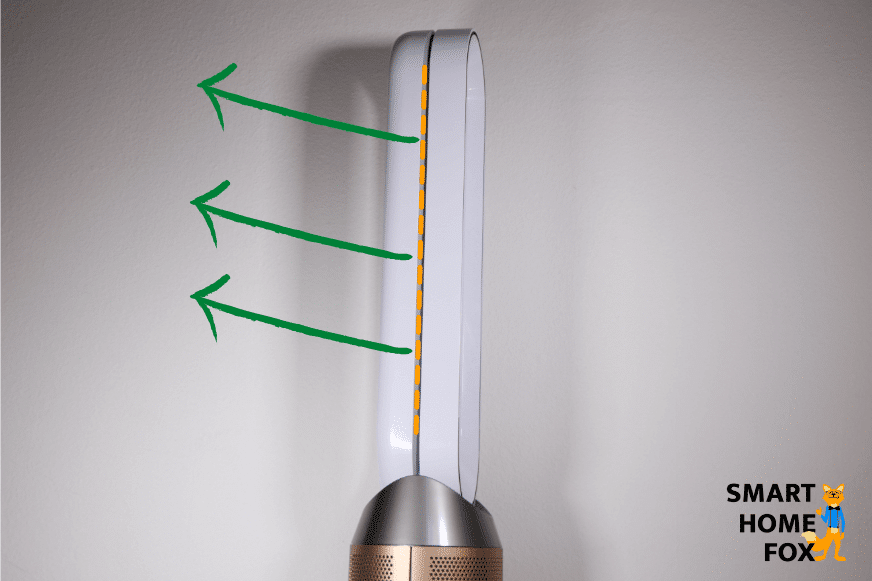Die zusätzliche Luftauslassrille am Dyson Purifier Cool Formaldehyd TP09 Luftreiniger und Turmventilator für den diffusen, indirekten Luftstrom.